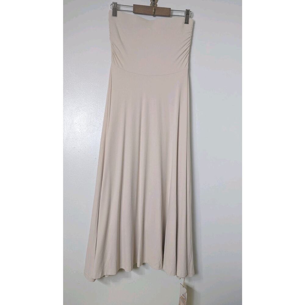 OGL Move Skin Kiss Strapless Dress Size XS Light Beige Stretch Ruching Flowy NEW
